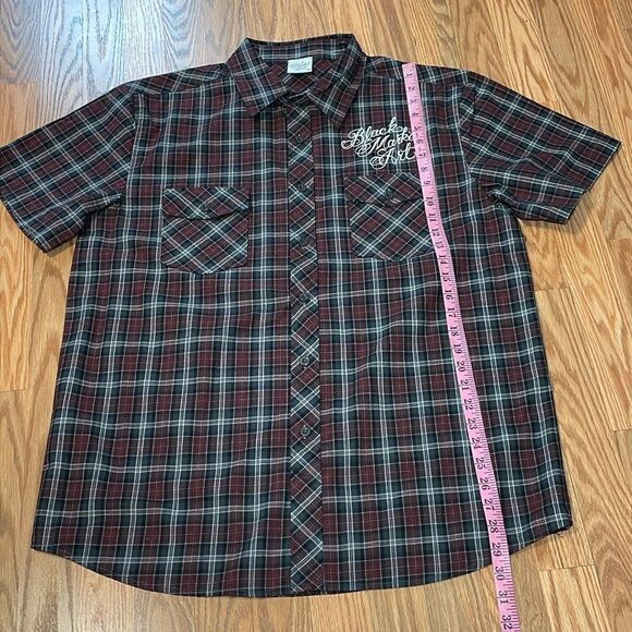 Men’s Dead End Black Market Art Skull Shirt, short sleeve button up plaid, XL - Picture 6 of 8